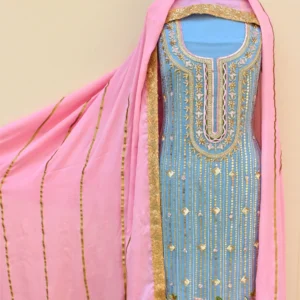 Blueish Gray Full Suit With Pink Chinon Chiffon Dupatta